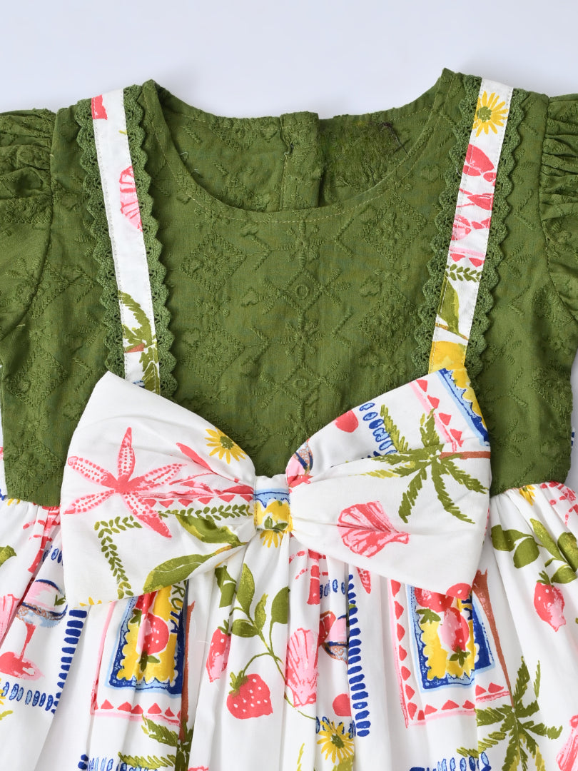 Baby Girls Printed Cotton Woven Fit & Flare Dress with Puff Sleeves and Bow Appilque-Green- MADR652L