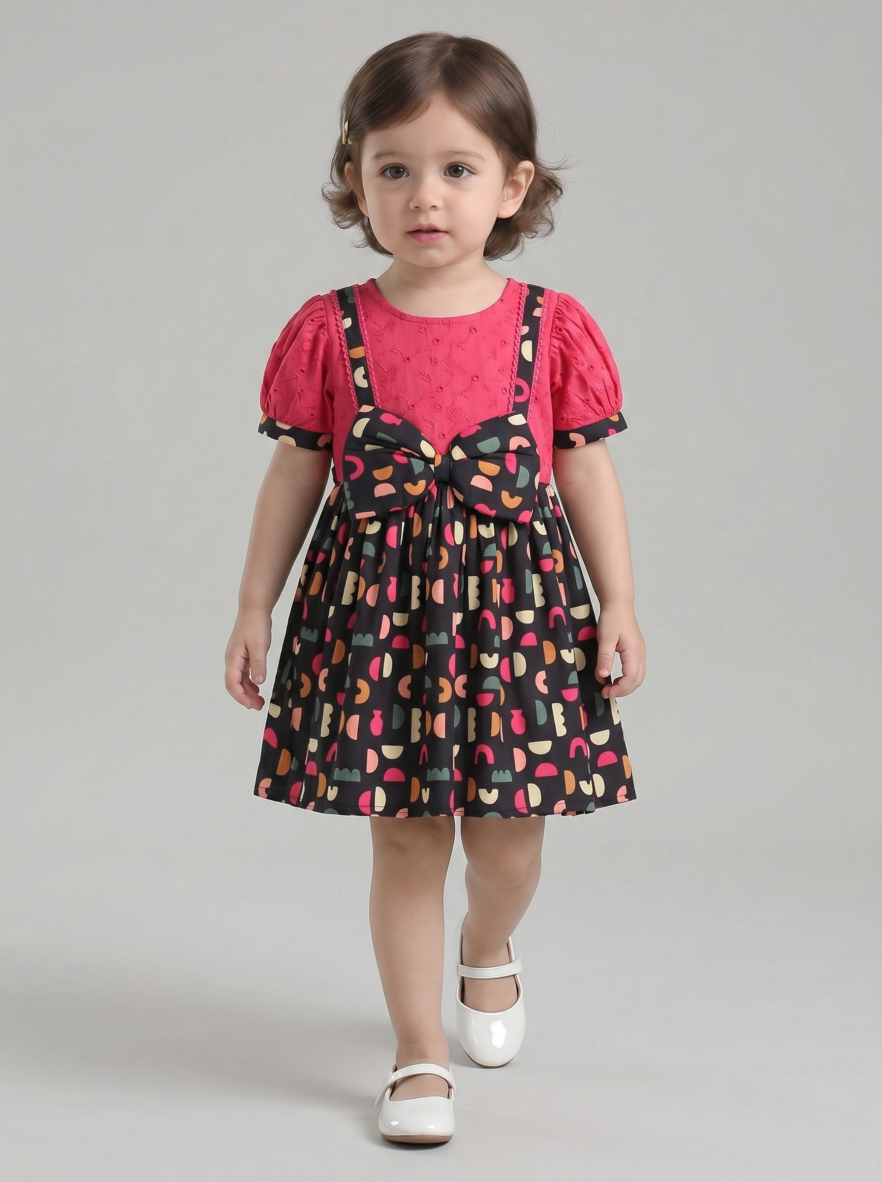 Baby Girls Printed Cotton Woven Fit & Flare Dress with Puff Sleeves and Bow Appilque-Dark Pink- MADR654L