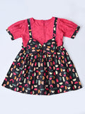 Baby Girls Printed Cotton Woven Fit & Flare Dress with Puff Sleeves and Bow Appilque-Dark Pink- MADR654L