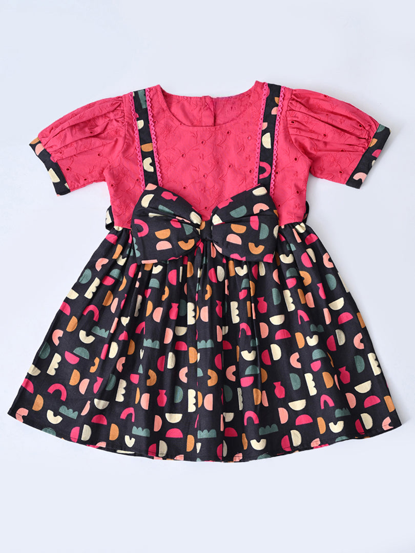 Baby Girls Printed Cotton Woven Fit & Flare Dress with Puff Sleeves and Bow Appilque-Dark Pink- MADR654L