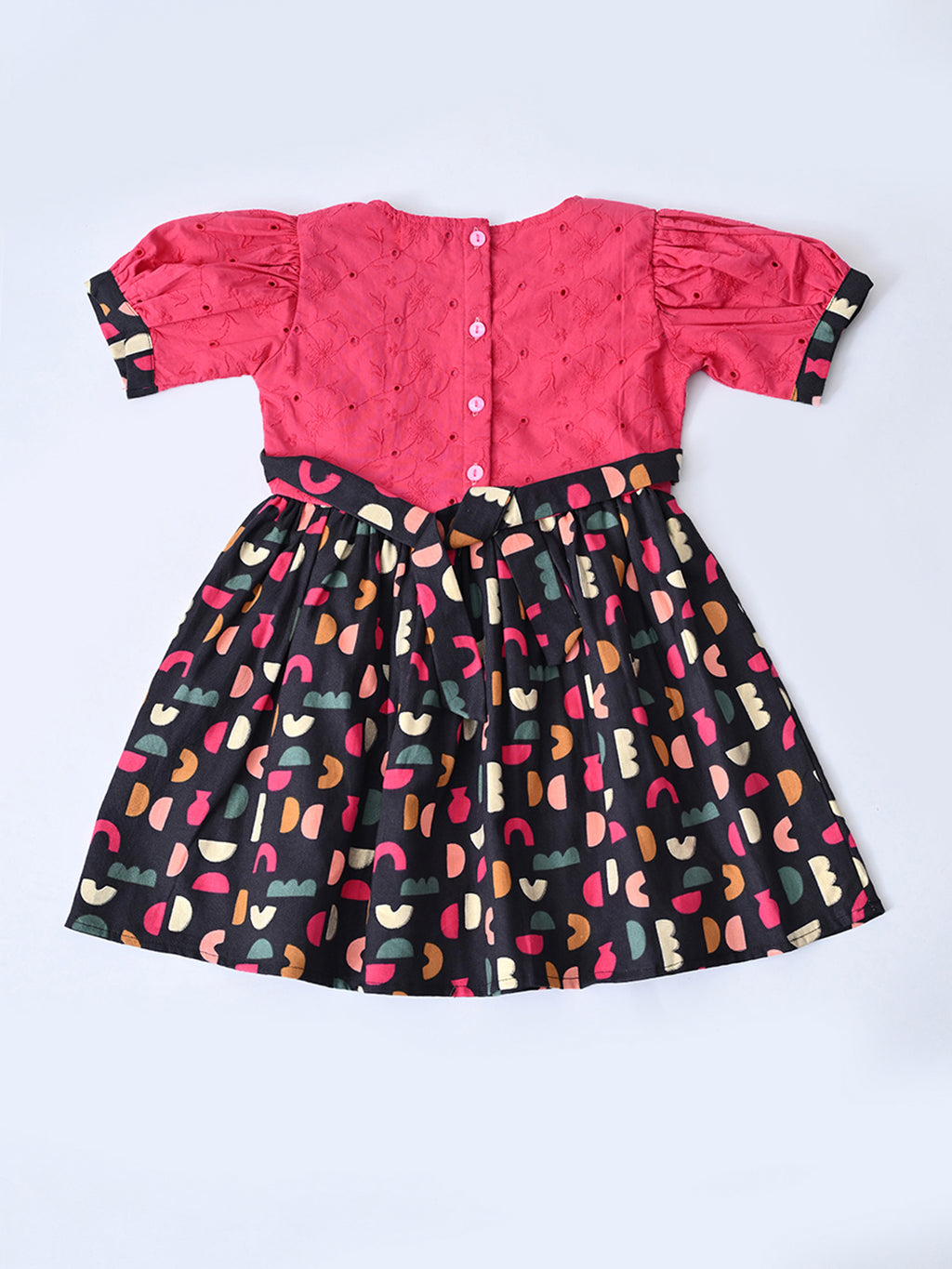Baby Girls Printed Cotton Woven Fit & Flare Dress with Puff Sleeves and Bow Appilque-Dark Pink- MADR654L