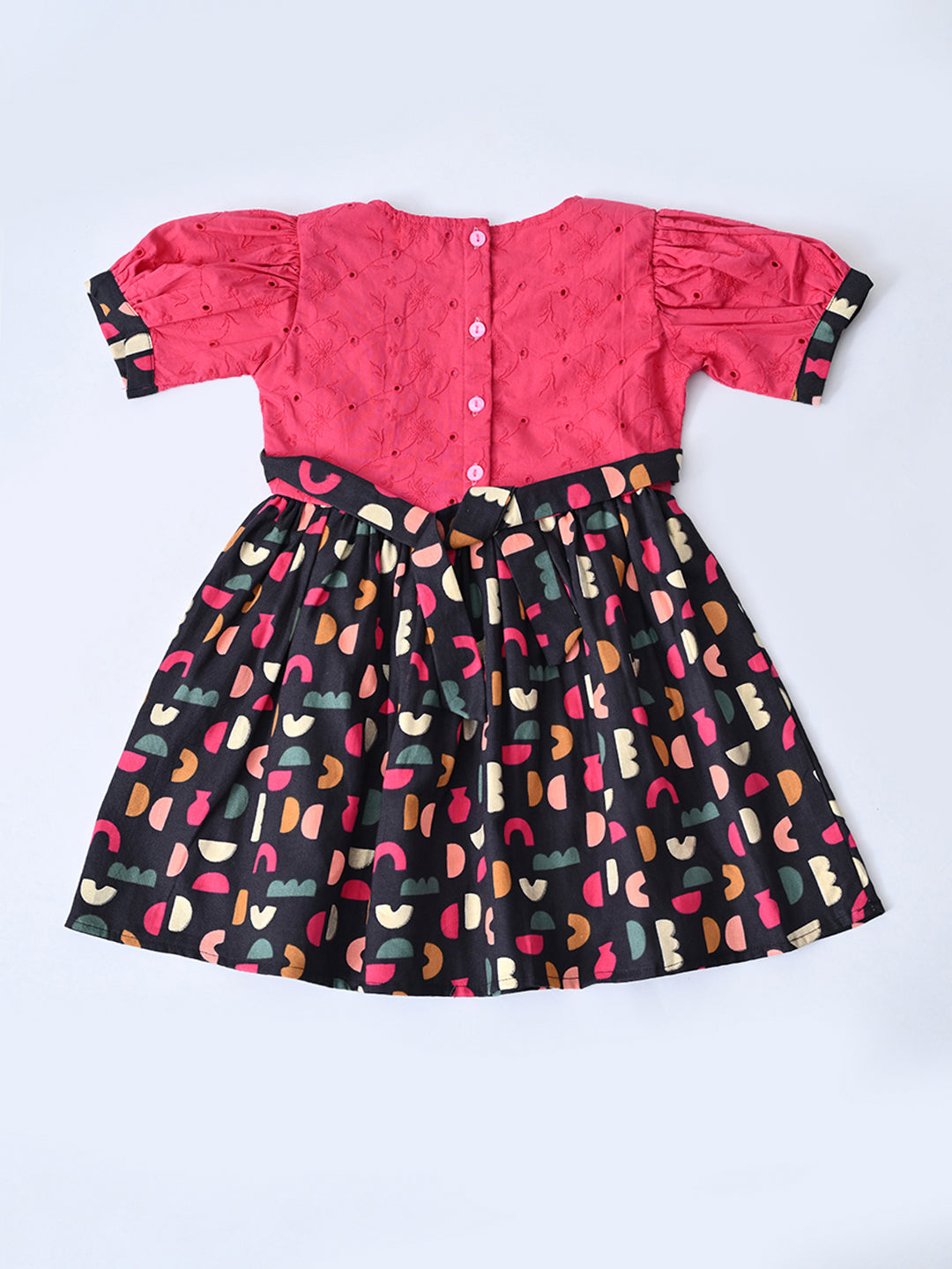 Baby Girls Printed Cotton Woven Fit & Flare Dress with Puff Sleeves and Bow Appilque-Dark Pink- MADR654L
