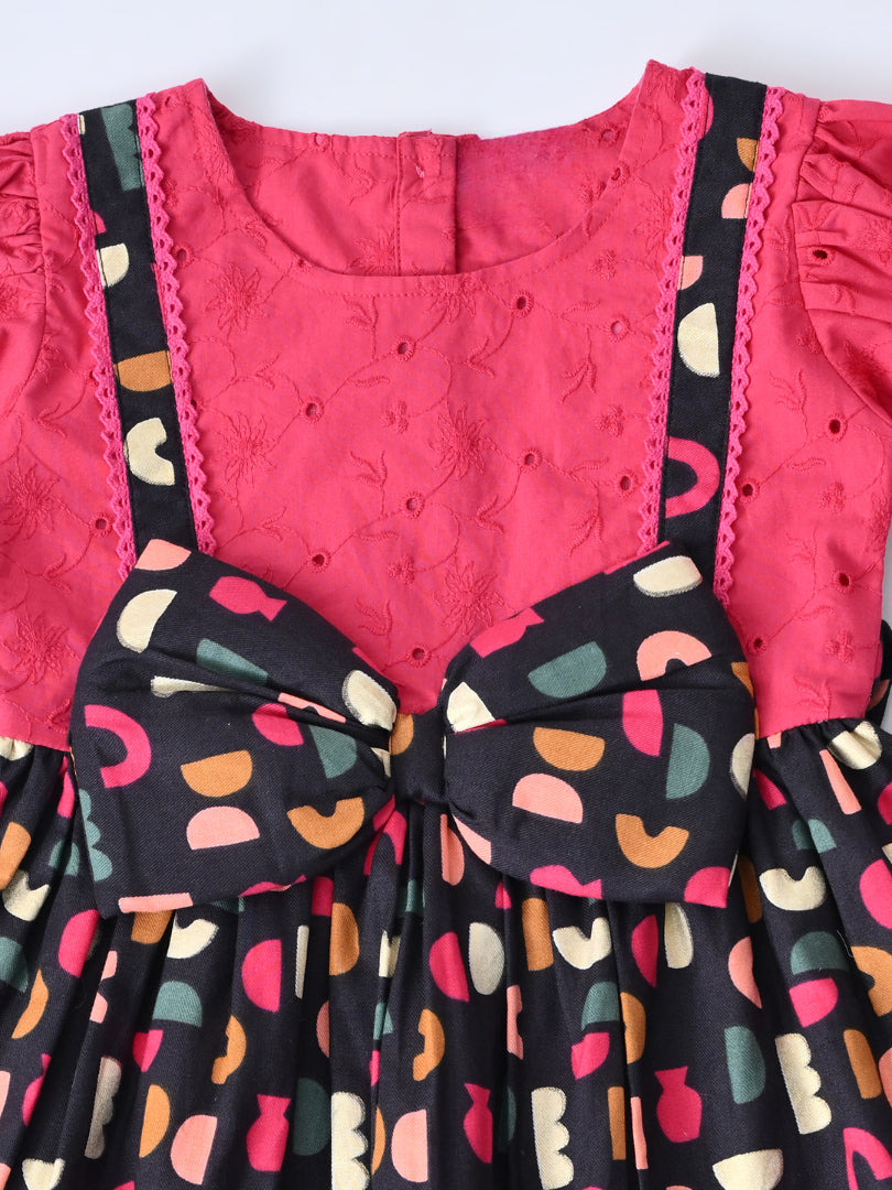 Baby Girls Printed Cotton Woven Fit & Flare Dress with Puff Sleeves and Bow Appilque-Dark Pink- MADR654L