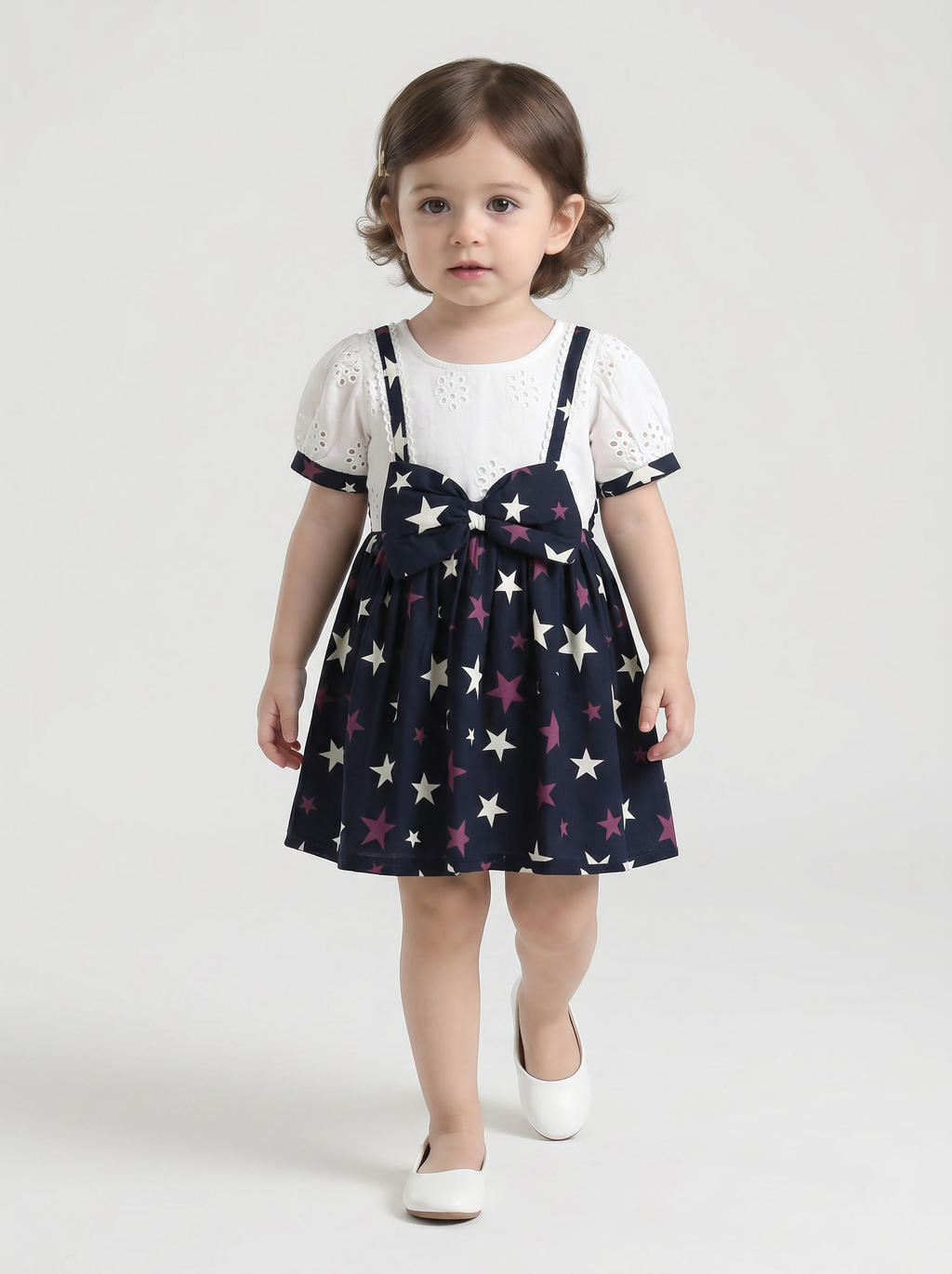 Baby Girls Printed Cotton Woven Fit & Flare Dress with Puff Sleeves and Bow Appilque-White- MADR655L