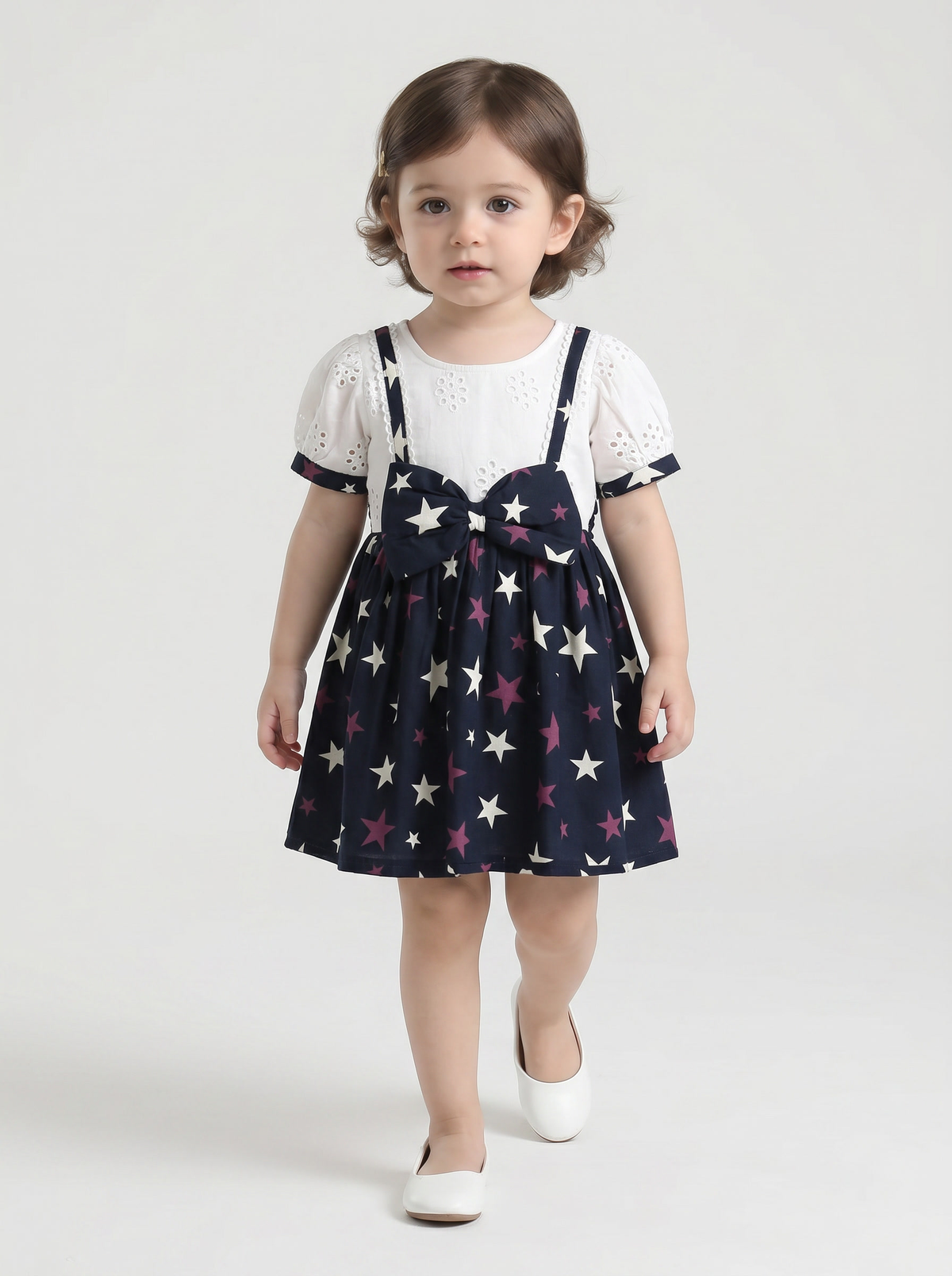 Baby Girls Printed Cotton Woven Fit & Flare Dress with Puff Sleeves and Bow Appilque-White- MADR655L