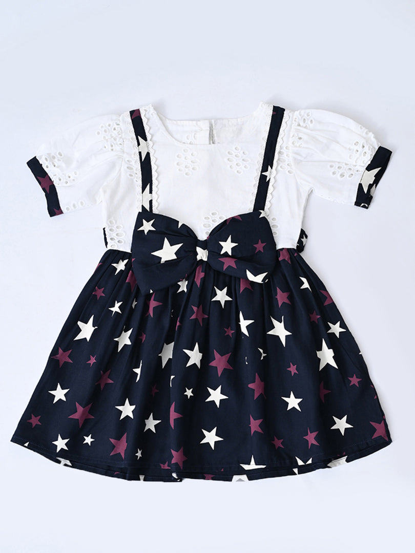Baby Girls Printed Cotton Woven Fit & Flare Dress with Puff Sleeves and Bow Appilque-White- MADR655L