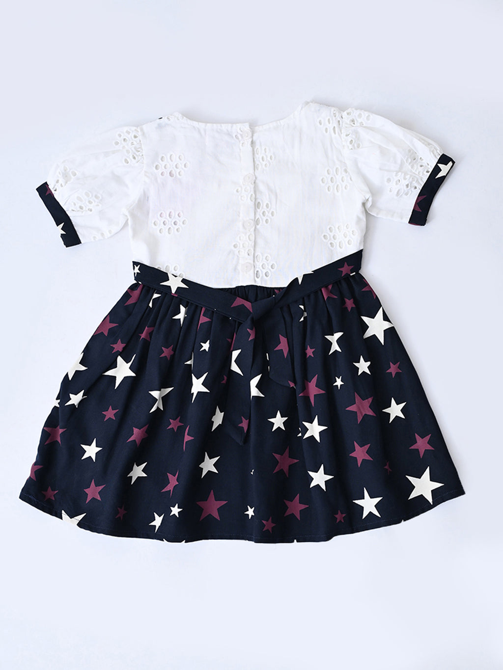 Baby Girls Printed Cotton Woven Fit & Flare Dress with Puff Sleeves and Bow Appilque-White- MADR655L