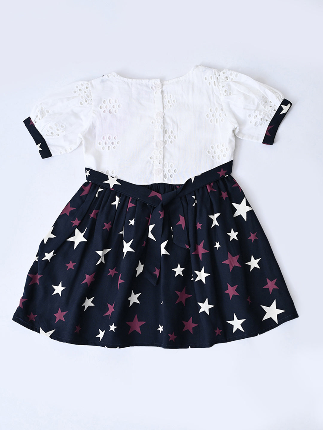 Baby Girls Printed Cotton Woven Fit & Flare Dress with Puff Sleeves and Bow Appilque-White- MADR655L