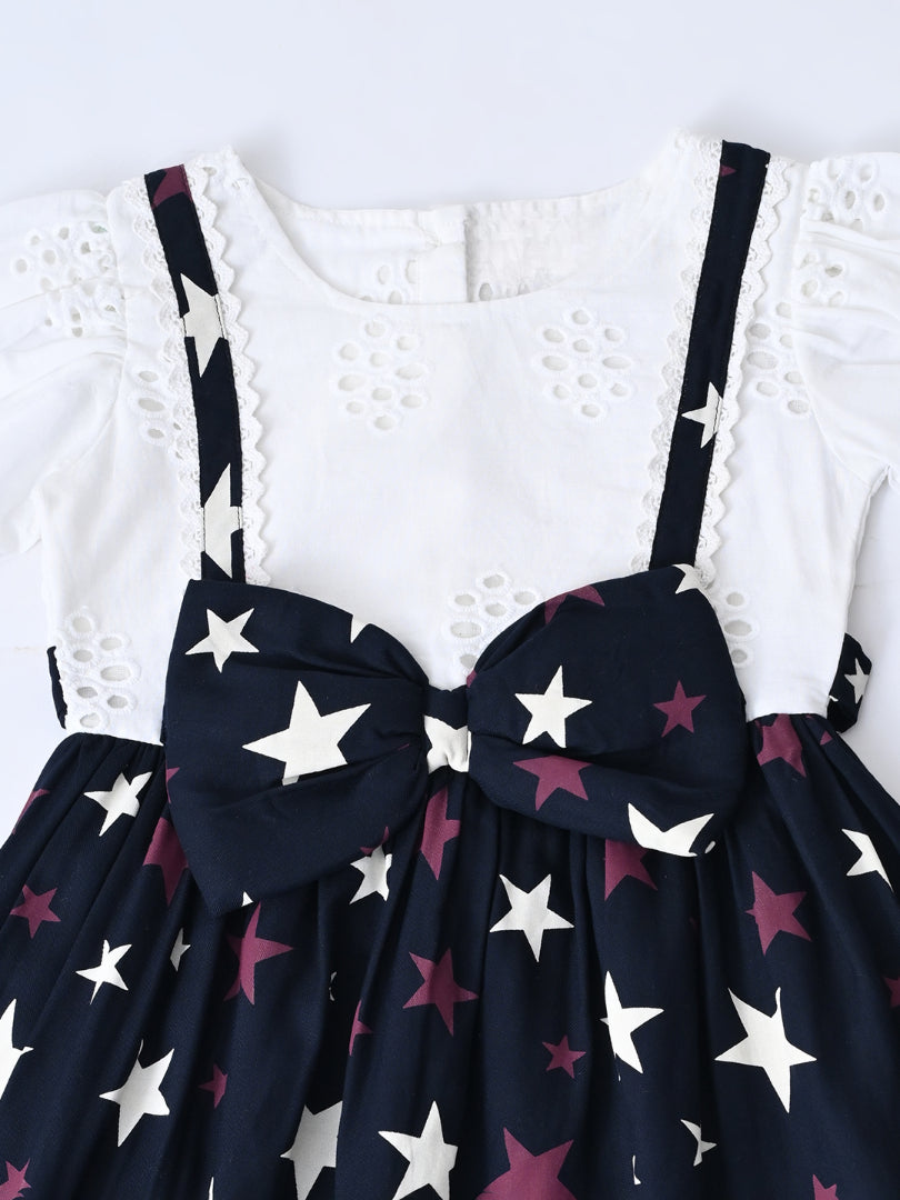 Baby Girls Printed Cotton Woven Fit & Flare Dress with Puff Sleeves and Bow Appilque-White- MADR655L