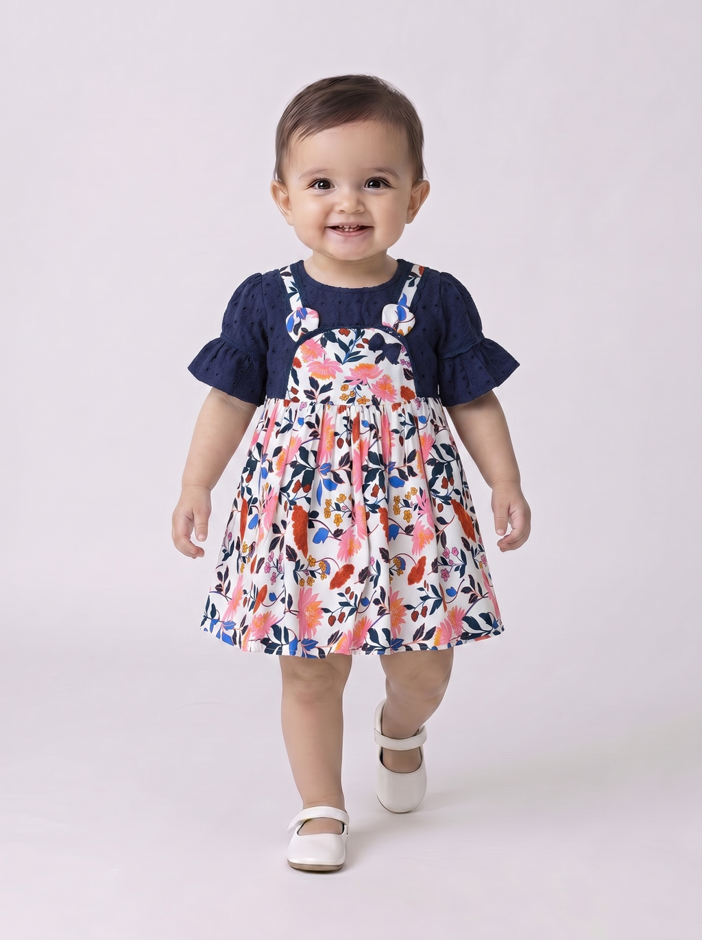 Baby Girls Floral Printed Cotton Woven Dress with Bell Sleeves - Navy Blue & Pink- MADR656L