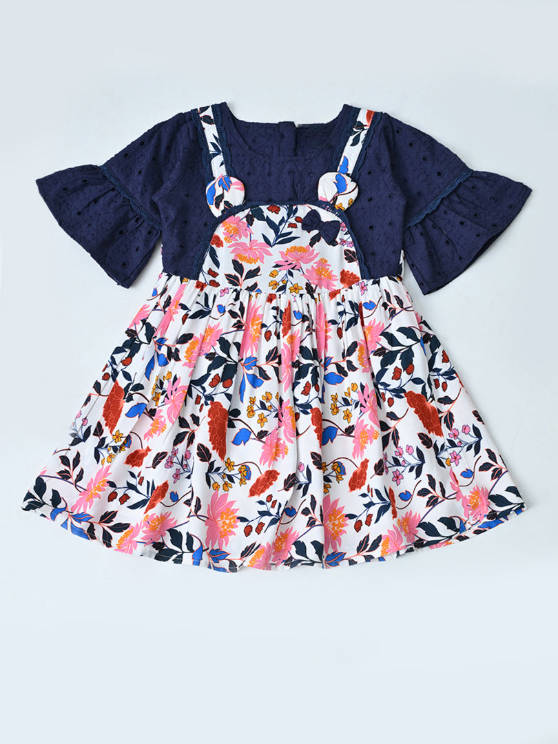 Baby Girls Floral Printed Cotton Woven Dress with Bell Sleeves - Navy Blue & Pink- MADR656L