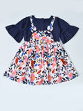 Baby Girls Floral Printed Cotton Woven Dress with Bell Sleeves - Navy Blue & Pink- MADR656L