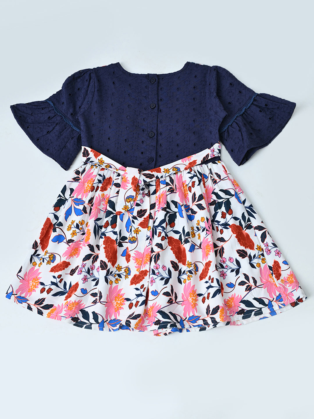 Baby Girls Floral Printed Cotton Woven Dress with Bell Sleeves - Navy Blue & Pink- MADR656L