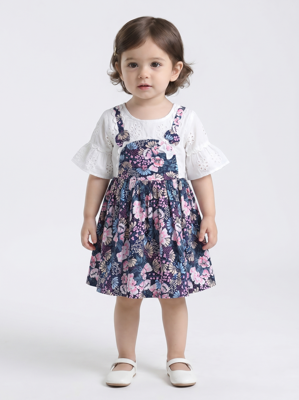 Baby Girls Floral Printed Cotton Woven Dress with Bell Sleeves - White- MADR657L