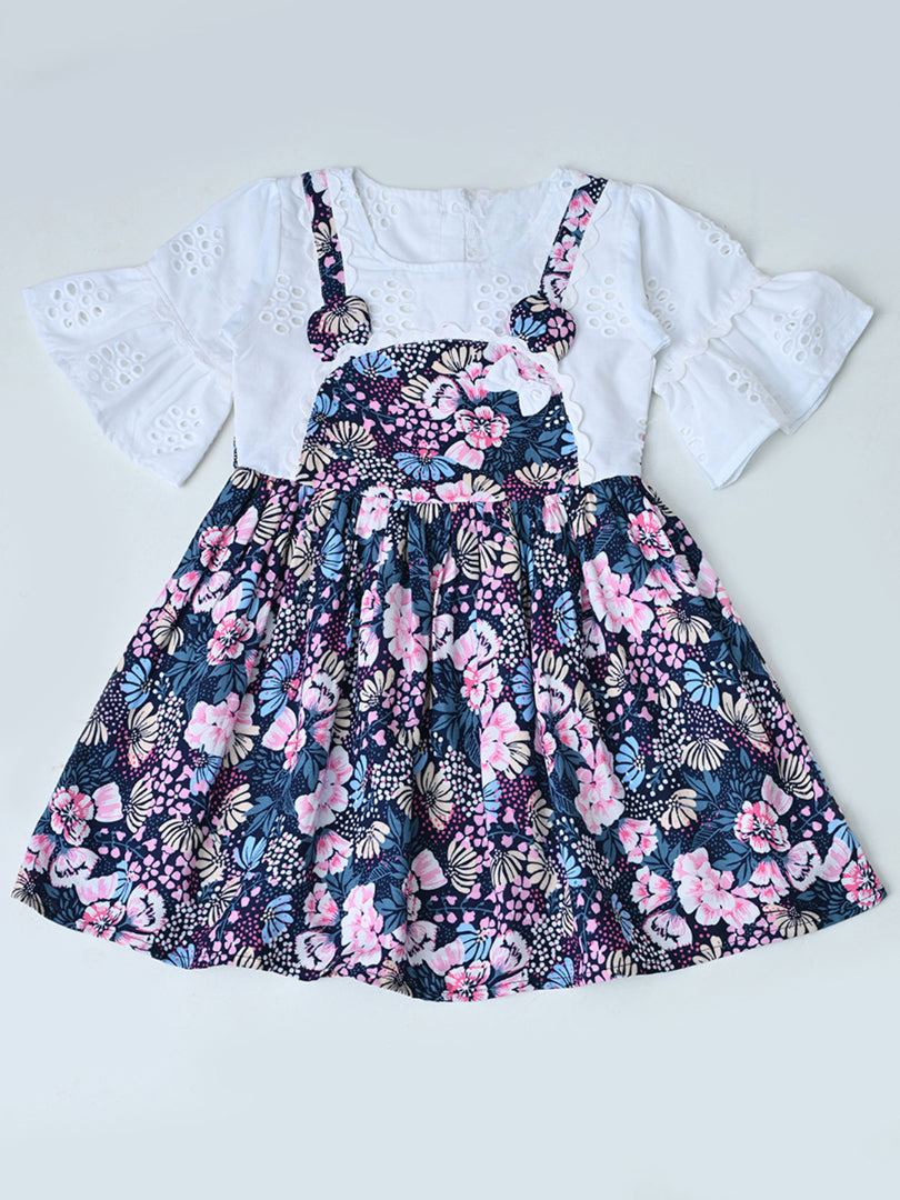 Baby Girls Floral Printed Cotton Woven Dress with Bell Sleeves - White- MADR657L
