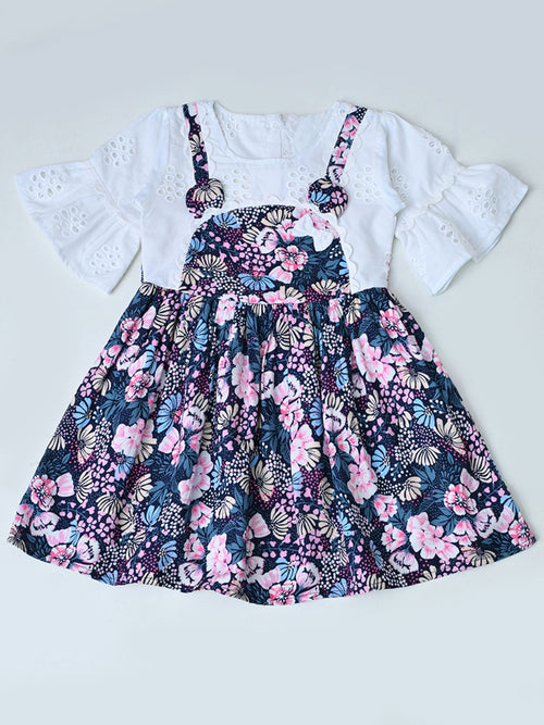 Baby Girls Floral Printed Cotton Woven Dress with Bell Sleeves - White- MADR657L