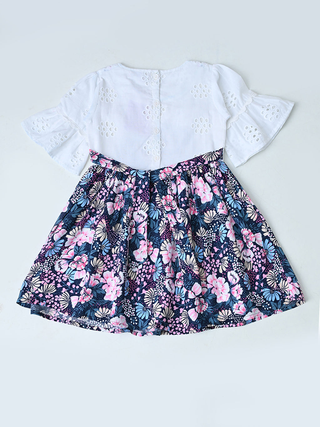 Baby Girls Floral Printed Cotton Woven Dress with Bell Sleeves - White- MADR657L