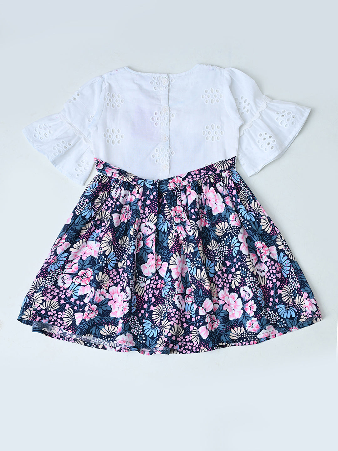 Baby Girls Floral Printed Cotton Woven Dress with Bell Sleeves - White- MADR657L