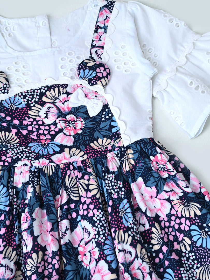 Baby Girls Floral Printed Cotton Woven Dress with Bell Sleeves - White- MADR657L