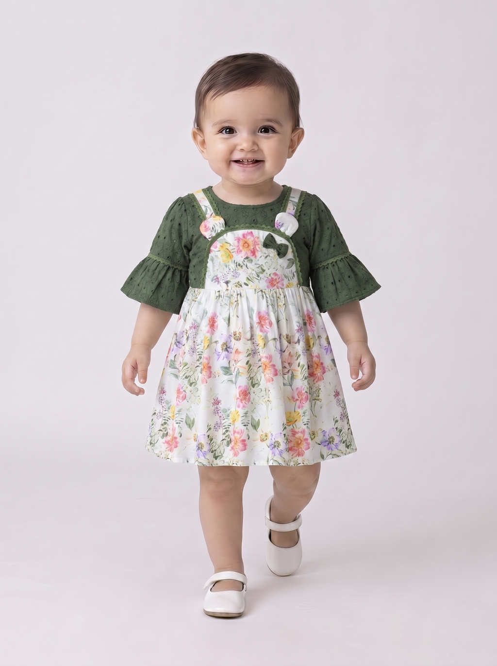Baby Girls Floral Printed Cotton Woven Dress with Bell Sleeves - Green- MADR658L