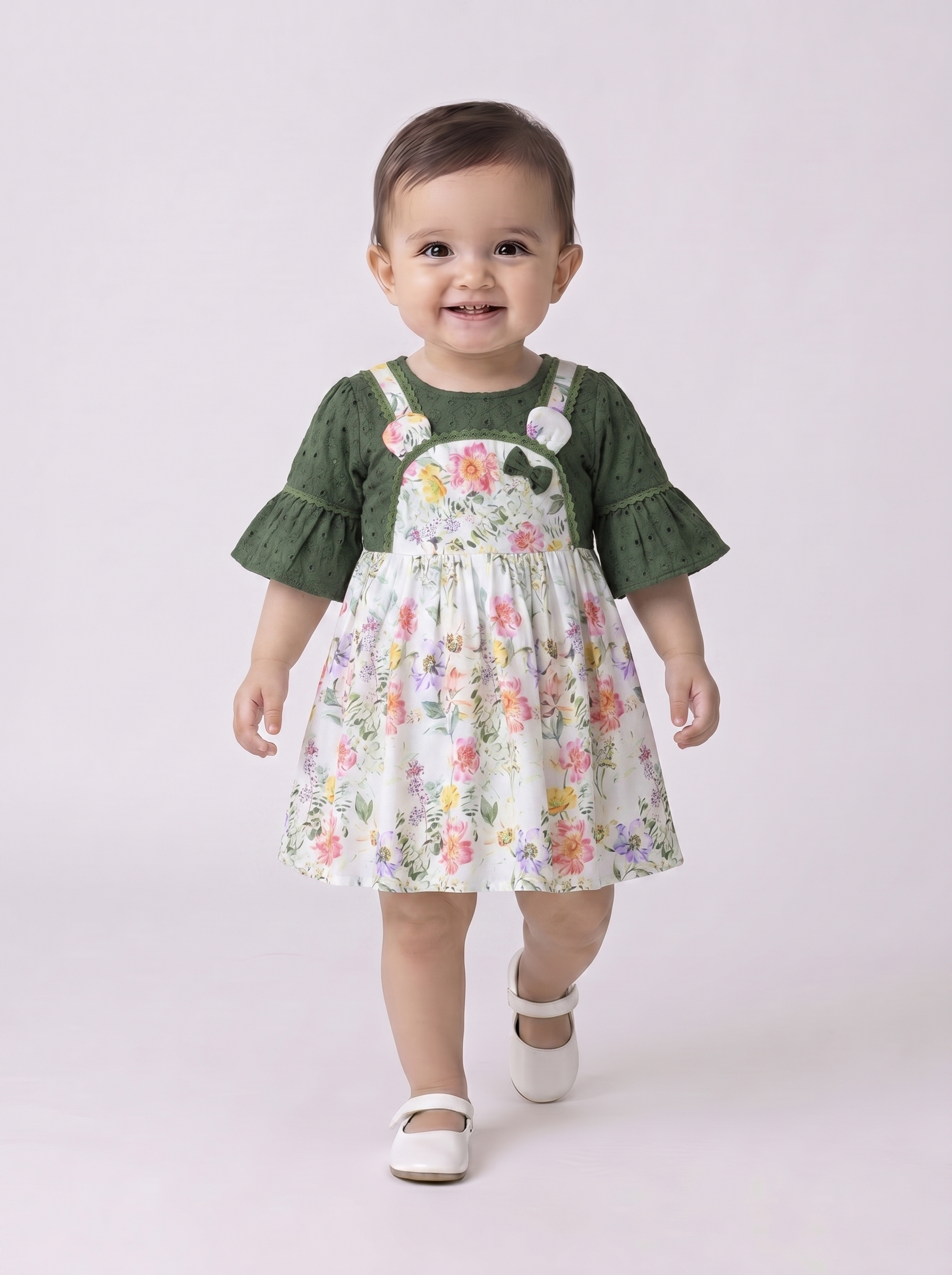 Baby Girls Floral Printed Cotton Woven Dress with Bell Sleeves - Green- MADR658L