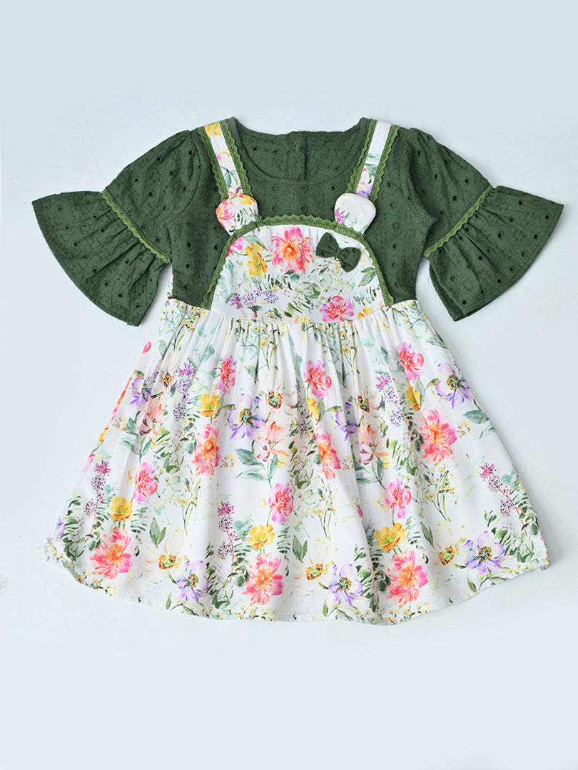 Baby Girls Floral Printed Cotton Woven Dress with Bell Sleeves - Green- MADR658L