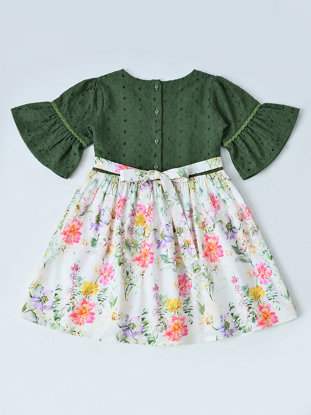 Baby Girls Floral Printed Cotton Woven Dress with Bell Sleeves - Green- MADR658L