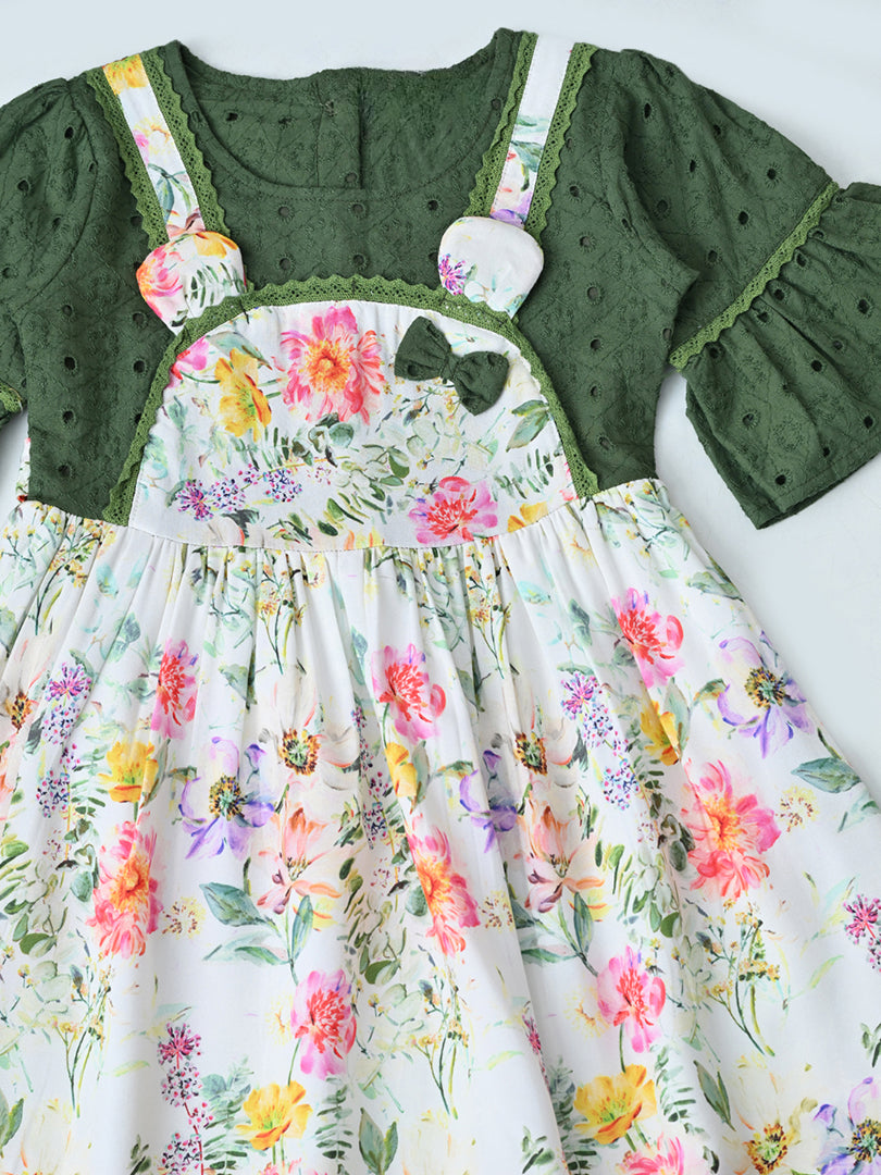 Baby Girls Floral Printed Cotton Woven Dress with Bell Sleeves - Green- MADR658L