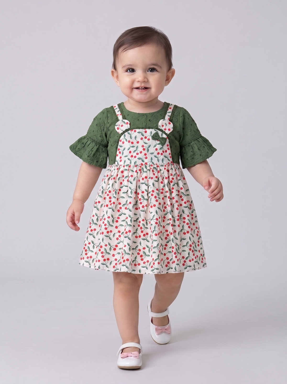 Baby Girls Floral Printed Cotton Woven Dress with Bell Sleeves - Multi-Color- MADR659L