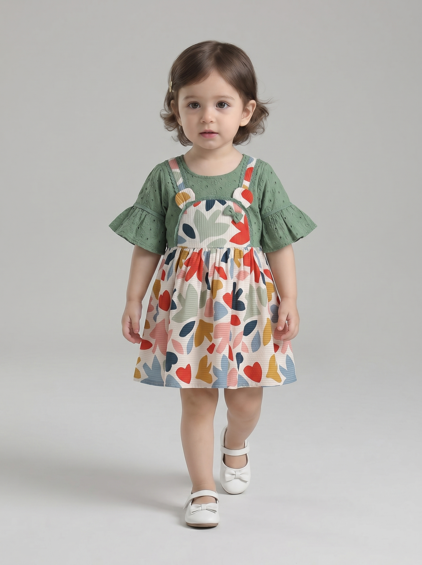 Baby Girls Floral Printed Cotton Woven Dress with Bell Sleeves -Green- MADR660L
