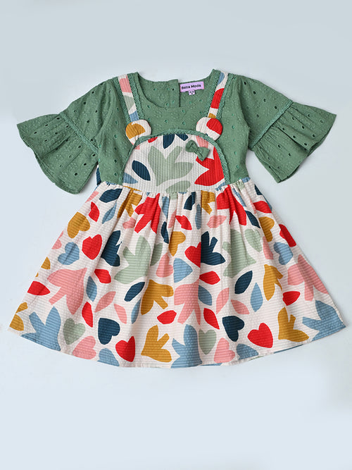 Baby Girls Floral Printed Cotton Woven Dress with Bell Sleeves -Green- MADR660L
