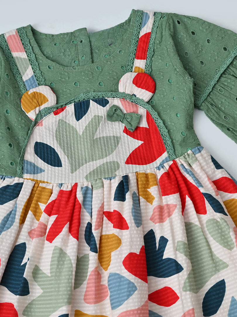 Baby Girls Floral Printed Cotton Woven Dress with Bell Sleeves -Green- MADR660L