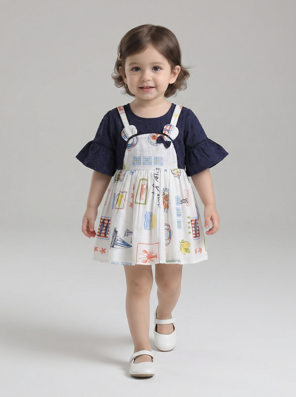Baby Girls Floral Printed Cotton Woven Dress with Bell Sleeves -Navy Blue- MADR661L