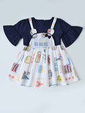 Baby Girls Floral Printed Cotton Woven Dress with Bell Sleeves -Navy Blue- MADR661L