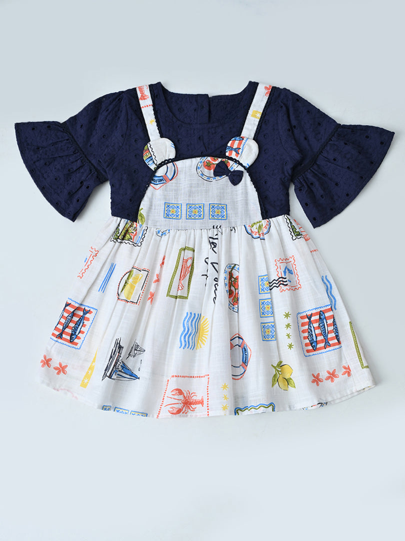 Baby Girls Floral Printed Cotton Woven Dress with Bell Sleeves -Navy Blue- MADR661L