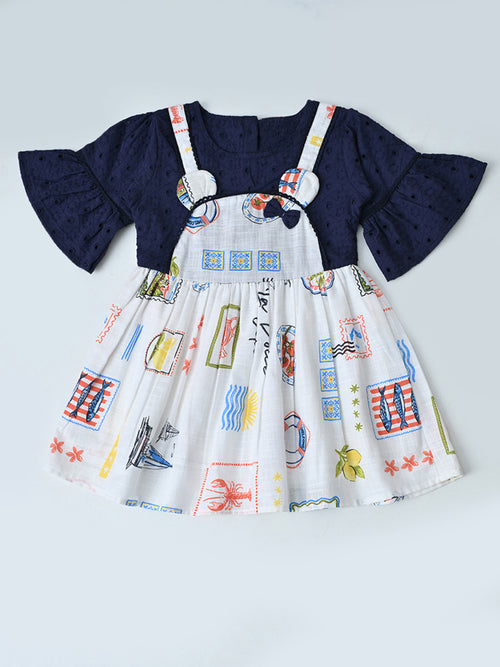 Baby Girls Floral Printed Cotton Woven Dress with Bell Sleeves -Navy Blue- MADR661L