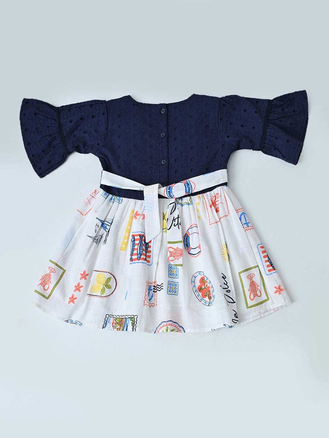 Baby Girls Floral Printed Cotton Woven Dress with Bell Sleeves -Navy Blue- MADR661L