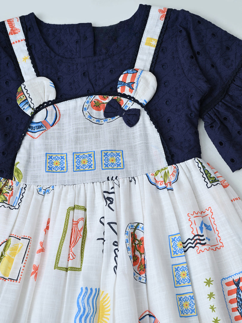 Baby Girls Floral Printed Cotton Woven Dress with Bell Sleeves -Navy Blue- MADR661L