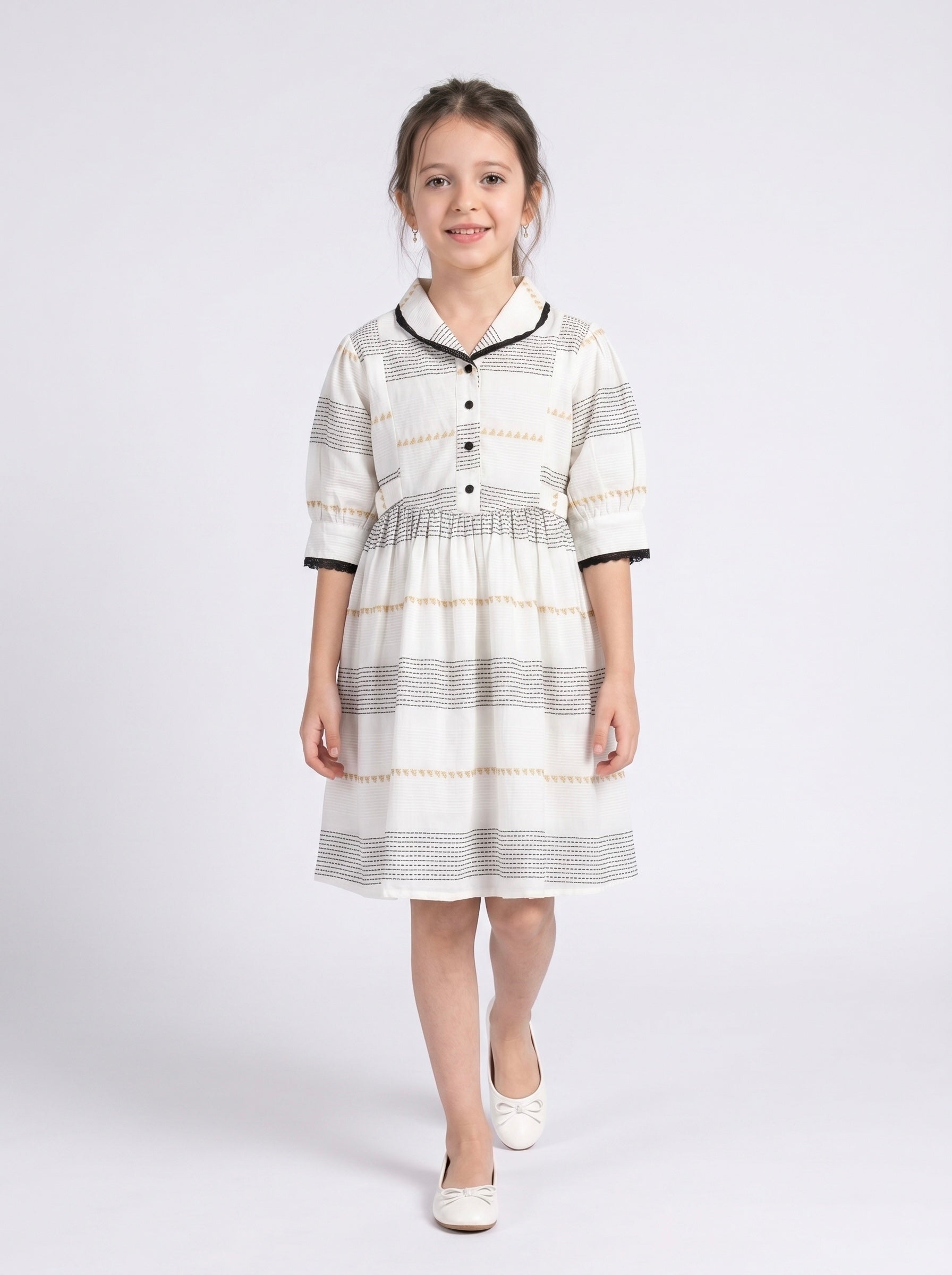 Girls Sriped Cotton Woven Dress with bow Waist Appliqu - White- MADR668TT