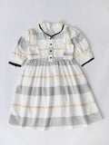 Girls Sriped Cotton Woven Dress with bow Waist Appliqu - White- MADR668TT
