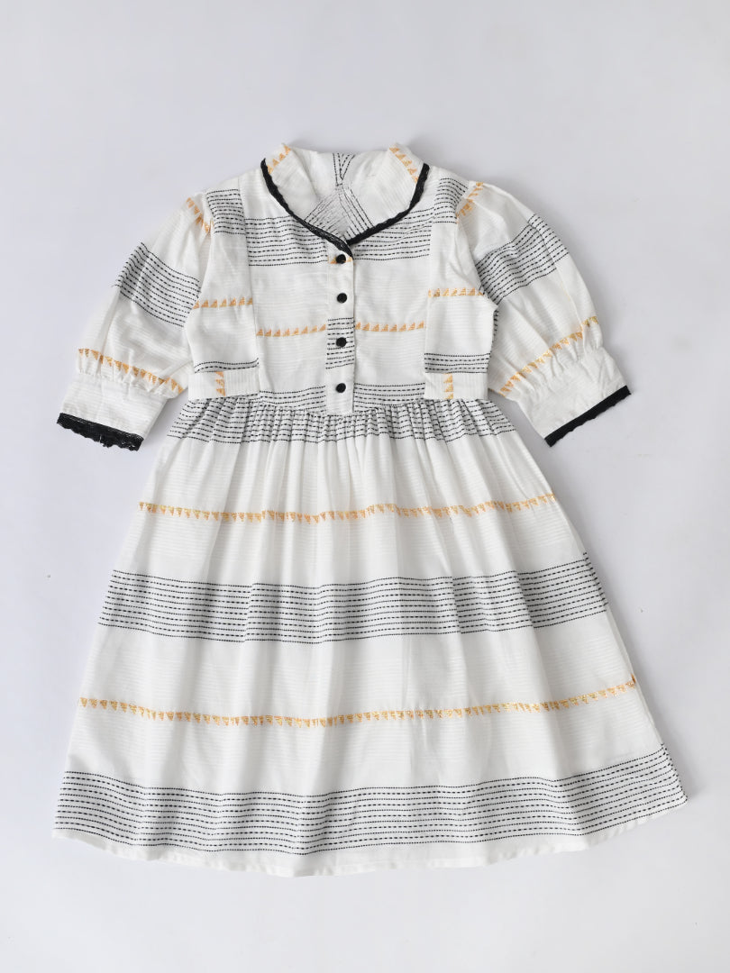 Girls Sriped Cotton Woven Dress with bow Waist Appliqu - White- MADR668TT