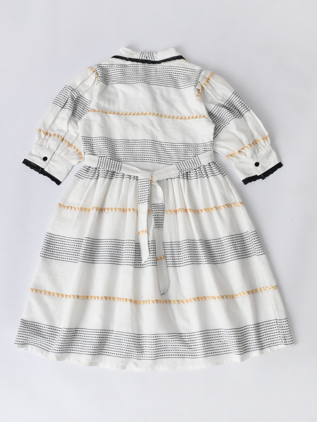 Girls Sriped Cotton Woven Dress with bow Waist Appliqu - White- MADR668TT