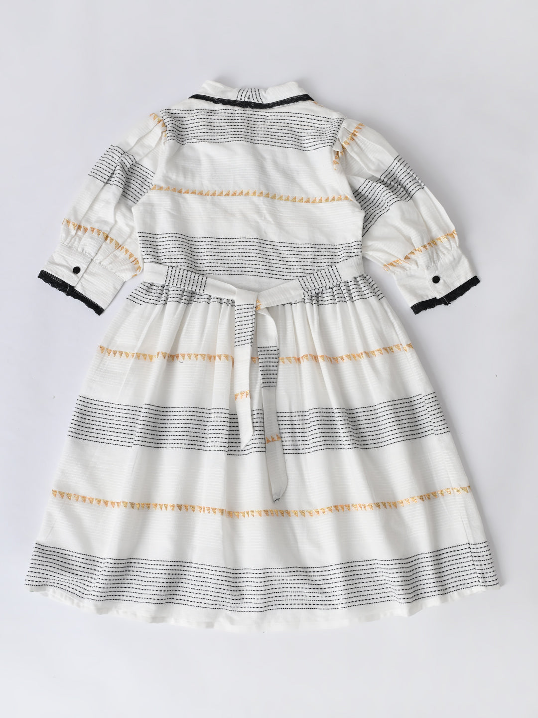 Girls Sriped Cotton Woven Dress with bow Waist Appliqu - White- MADR668TT