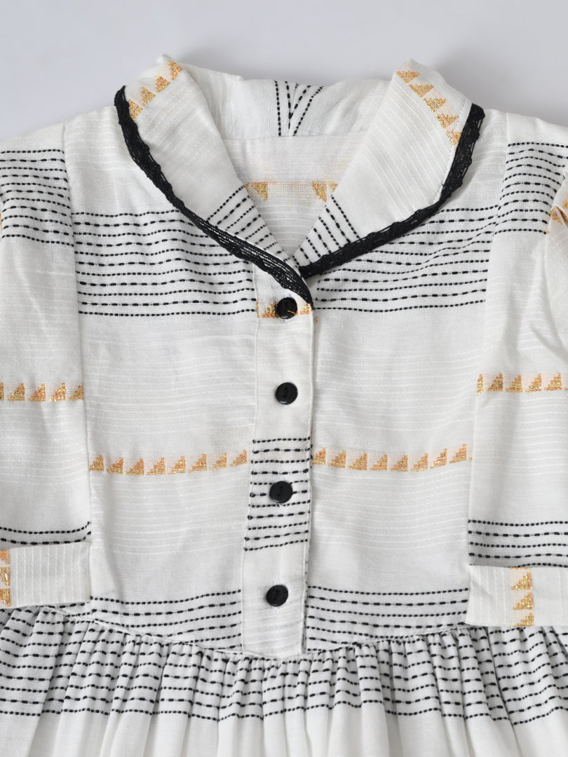 Girls Sriped Cotton Woven Dress with bow Waist Appliqu - White- MADR668TT