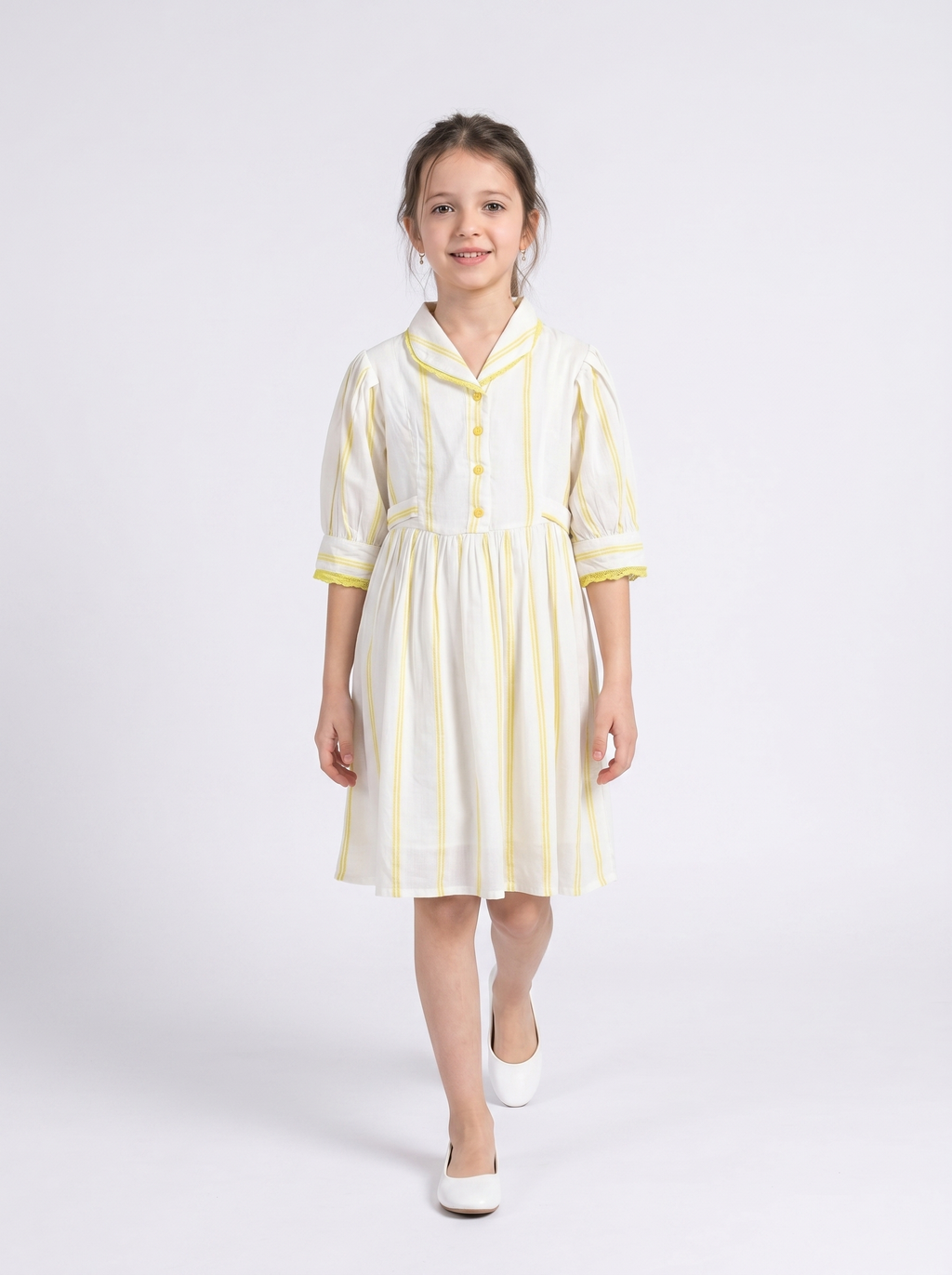 Girls Sriped Cotton Woven Dress with bow Waist Appliqu - Yellow- MADR669TT