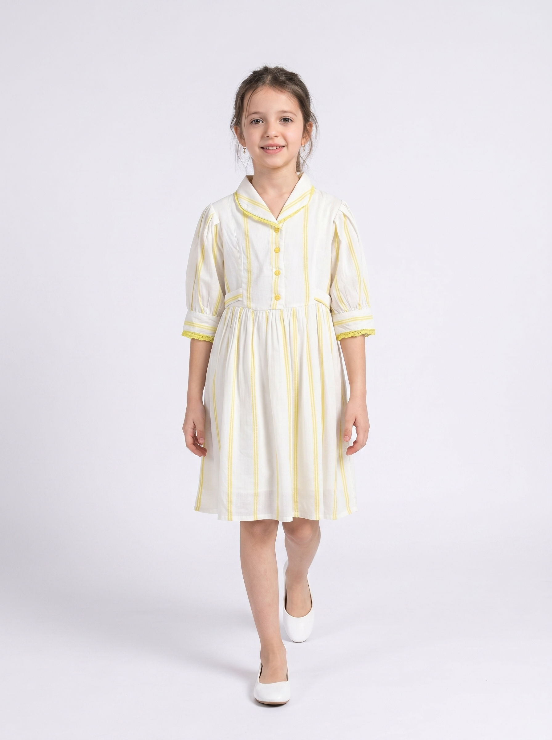 Girls Sriped Cotton Woven Dress with bow Waist Appliqu - Yellow- MADR669TT