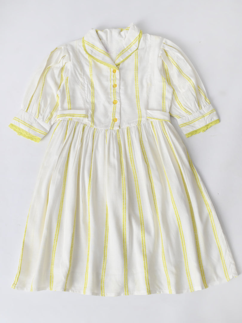 Girls Sriped Cotton Woven Dress with bow Waist Appliqu - Yellow- MADR669TT