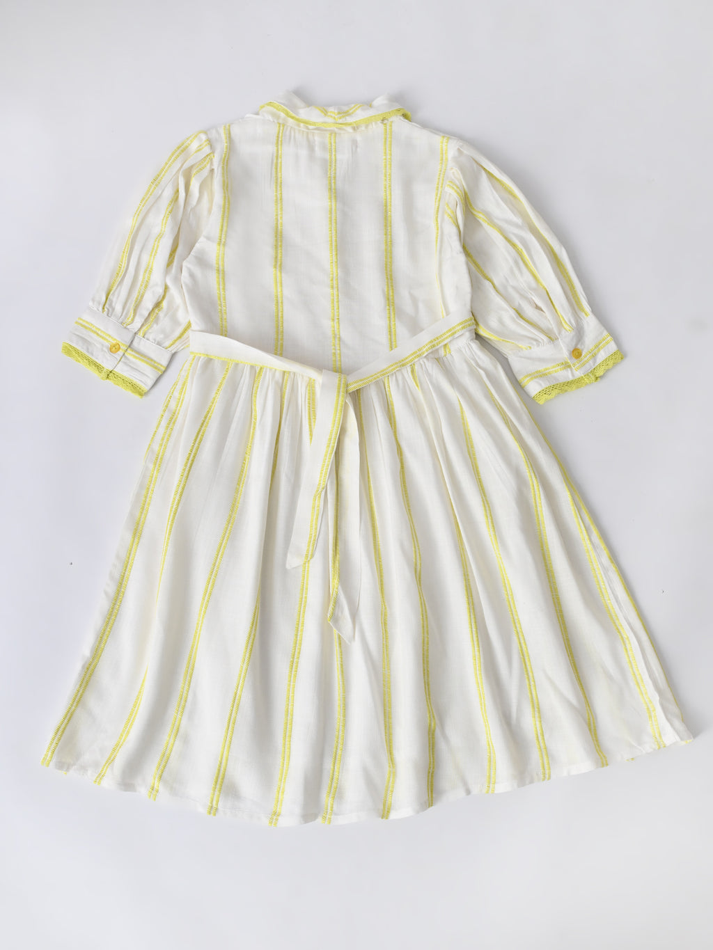 Girls Sriped Cotton Woven Dress with bow Waist Appliqu - Yellow- MADR669TT