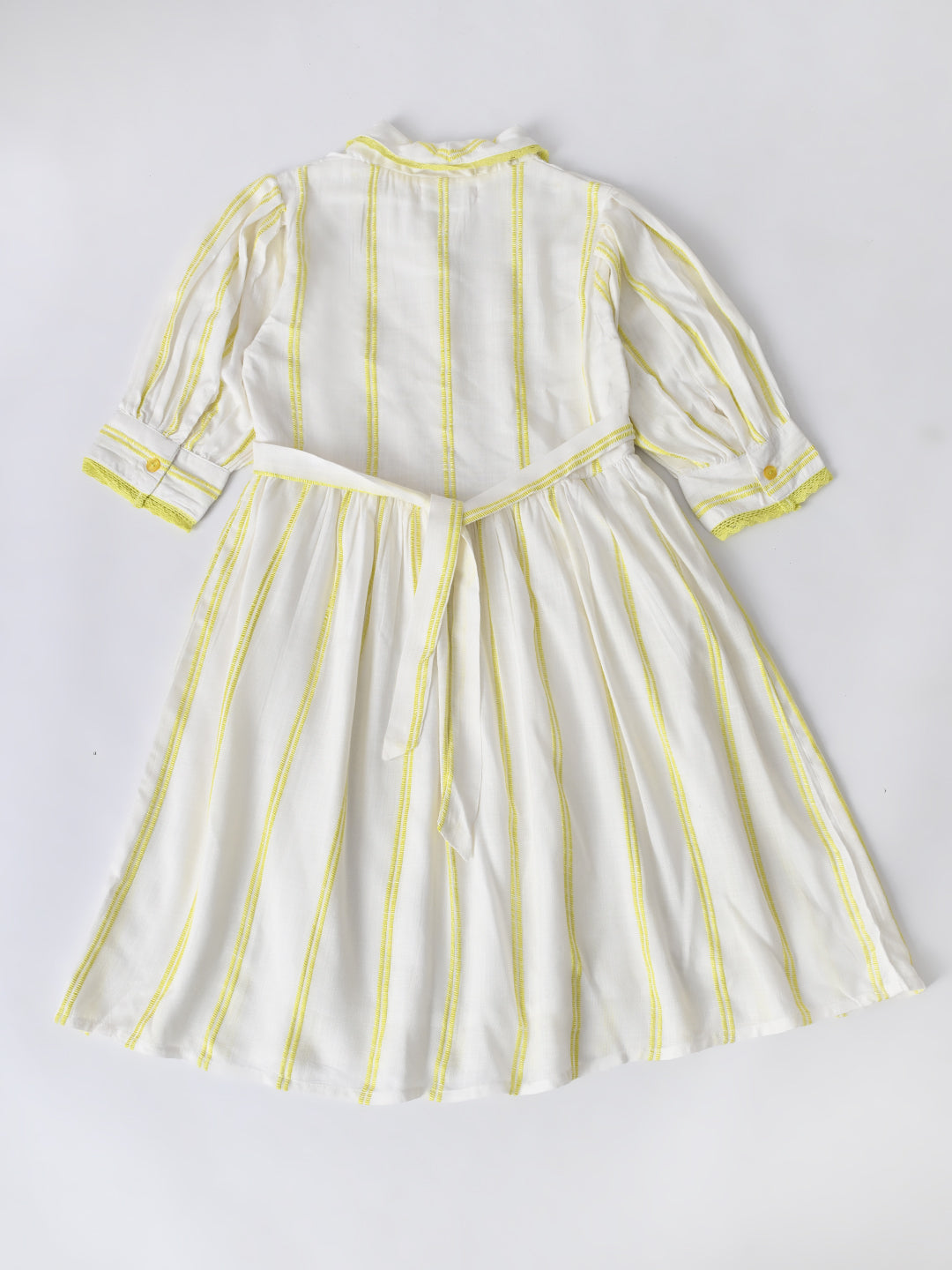 Girls Sriped Cotton Woven Dress with bow Waist Appliqu - Yellow- MADR669TT