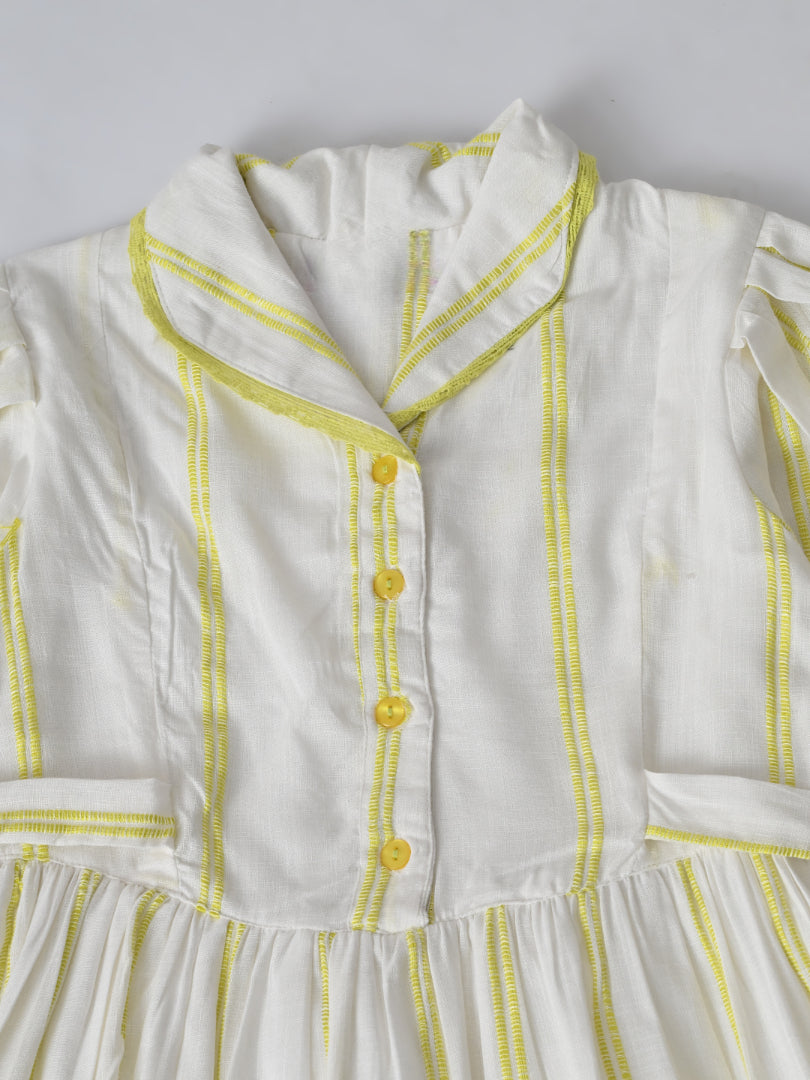 Girls Sriped Cotton Woven Dress with bow Waist Appliqu - Yellow- MADR669TT